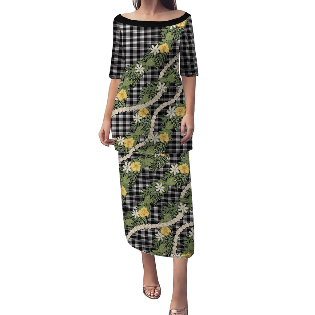 Aloha Puakenikeni Anthurium Pikake Lei Puletasi Black Hawaiian Palaka Pattern LT9 Long Dress Black - Polynesian Pride