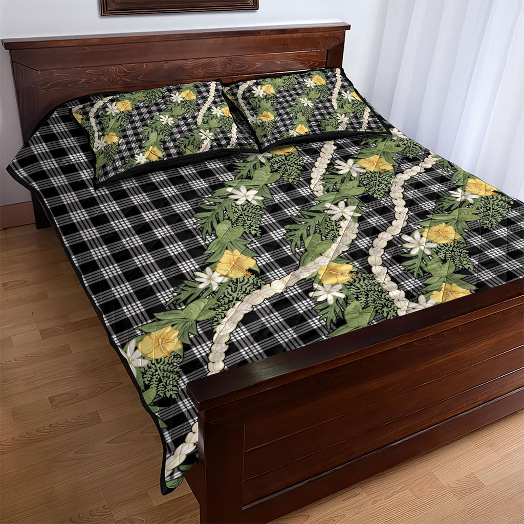 Aloha Puakenikeni Anthurium Pikake Lei Quilt Bed Set Black Hawaiian Palaka Pattern