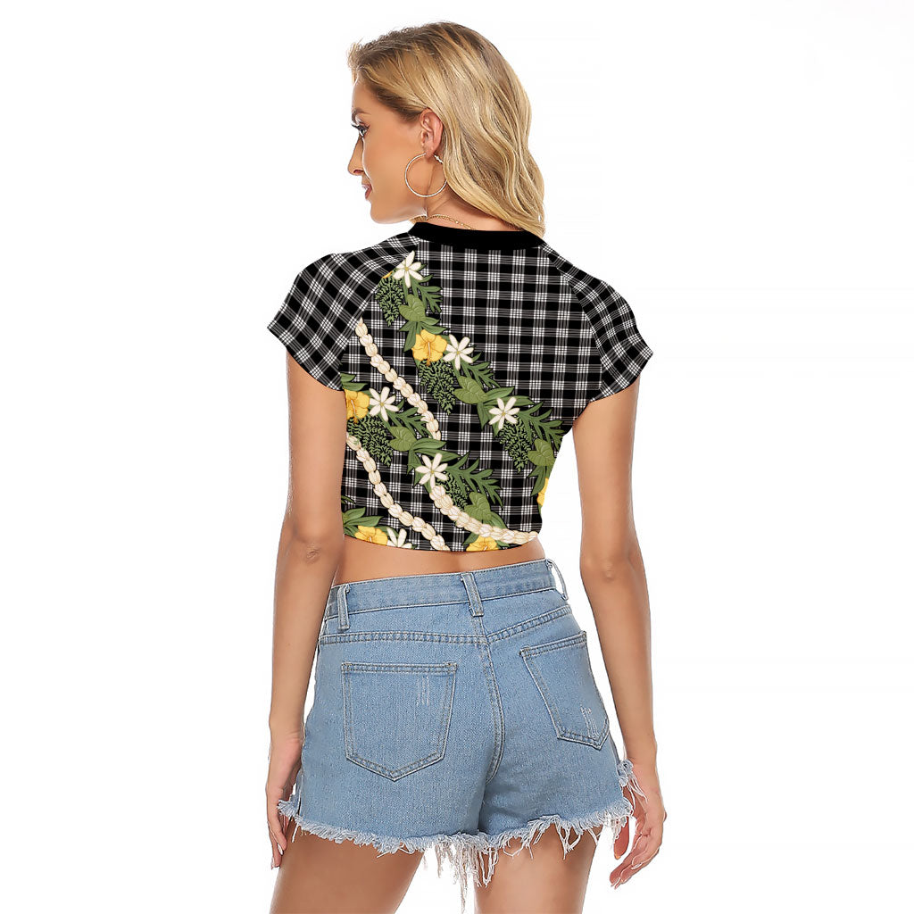 Aloha Puakenikeni Anthurium Pikake Lei Raglan Cropped T Shirt Black Hawaiian Palaka Pattern LT9 - Polynesian Pride