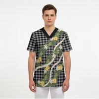 Aloha Puakenikeni Anthurium Pikake Lei Scrub Top Black Hawaiian Palaka Pattern