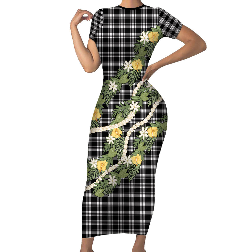 Aloha Puakenikeni Anthurium Pikake Lei Short Sleeve Bodycon Dress Black Hawaiian Palaka Pattern LT9 Long Dress Black - Polynesian Pride