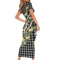 Aloha Puakenikeni Anthurium Pikake Lei Short Sleeve Bodycon Dress Black Hawaiian Palaka Pattern LT9 - Polynesian Pride