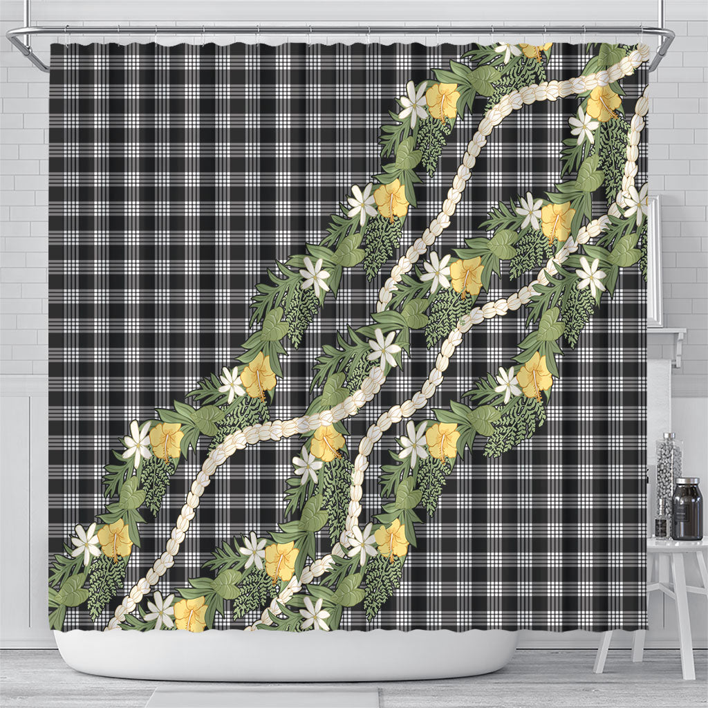Aloha Puakenikeni Anthurium Pikake Lei Shower Curtain Black Hawaiian Palaka Pattern LT9 - Polynesian Pride