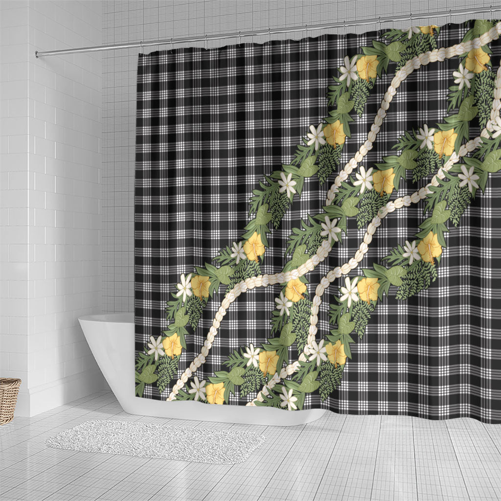 Aloha Puakenikeni Anthurium Pikake Lei Shower Curtain Black Hawaiian Palaka Pattern LT9 - Polynesian Pride