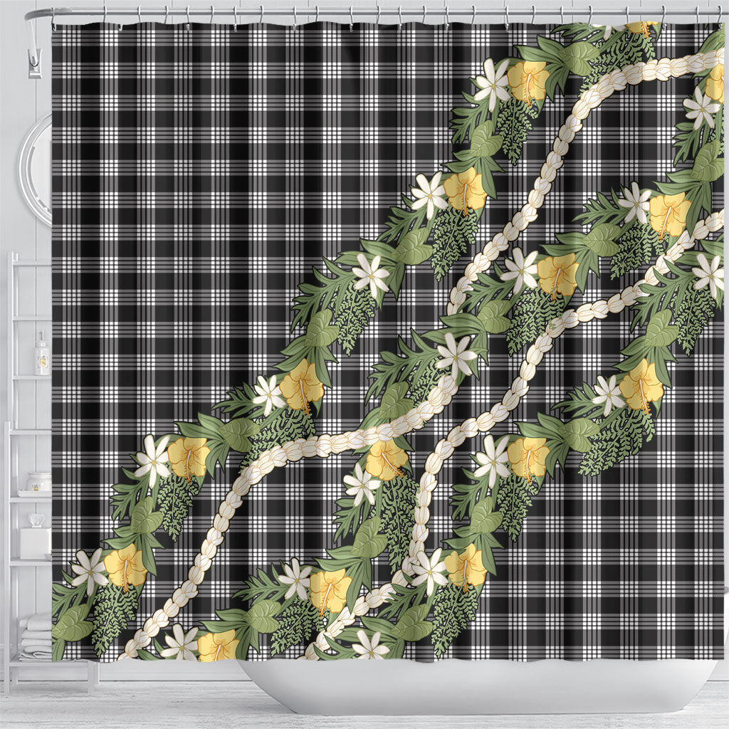 Aloha Puakenikeni Anthurium Pikake Lei Shower Curtain Black Hawaiian Palaka Pattern LT9 - Polynesian Pride