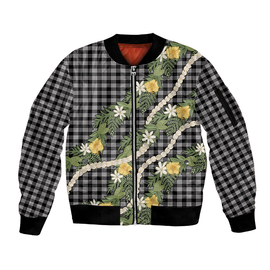 Aloha Puakenikeni Anthurium Pikake Lei Sleeve Zip Bomber Jacket Black Hawaiian Palaka Pattern LT9 Unisex Black - Polynesian Pride
