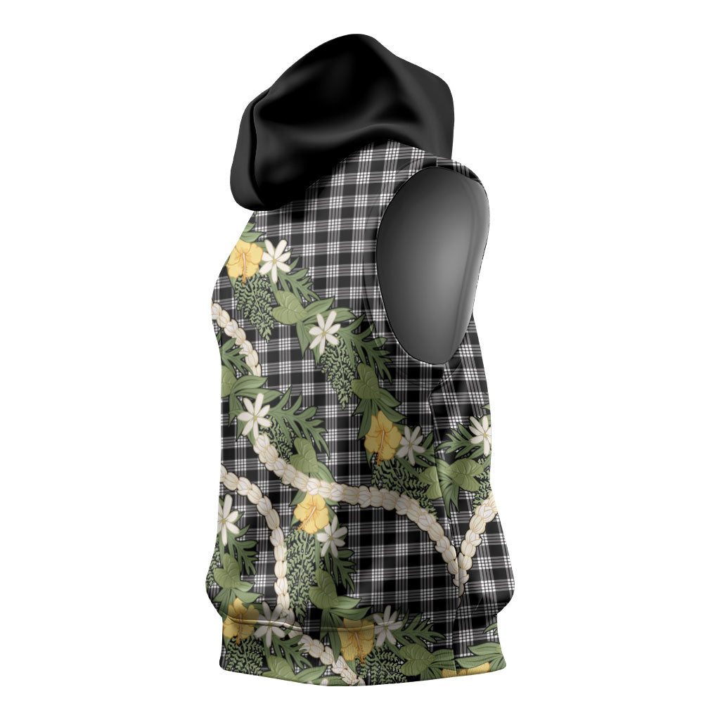 Aloha Puakenikeni Anthurium Pikake Lei Sleeveless Hoodie Black Hawaiian Palaka Pattern LT9 - Polynesian Pride