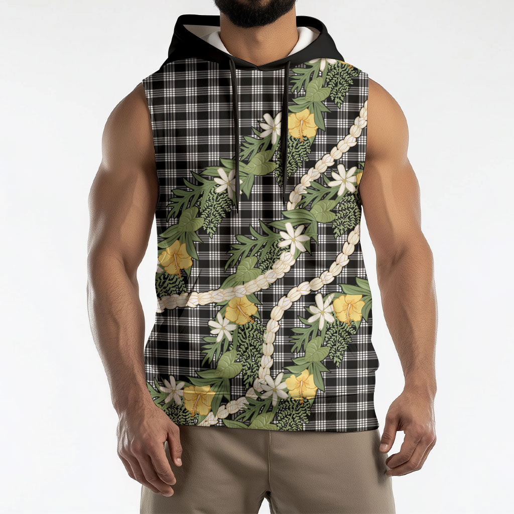 Aloha Puakenikeni Anthurium Pikake Lei Sleeveless Hoodie Black Hawaiian Palaka Pattern LT9 - Polynesian Pride