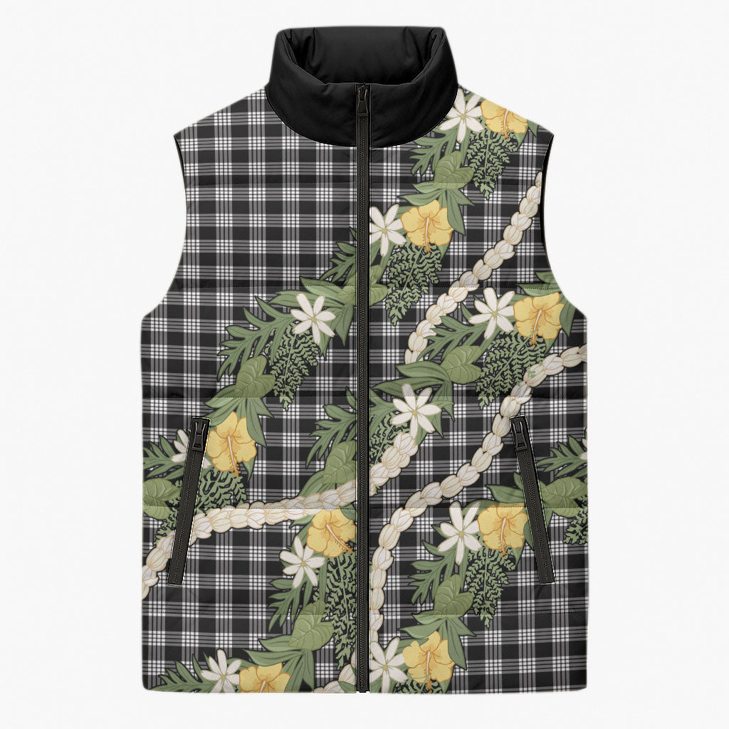 Aloha Puakenikeni Anthurium Pikake Lei Sleeveless Puffer Jacket Black Hawaiian Palaka Pattern