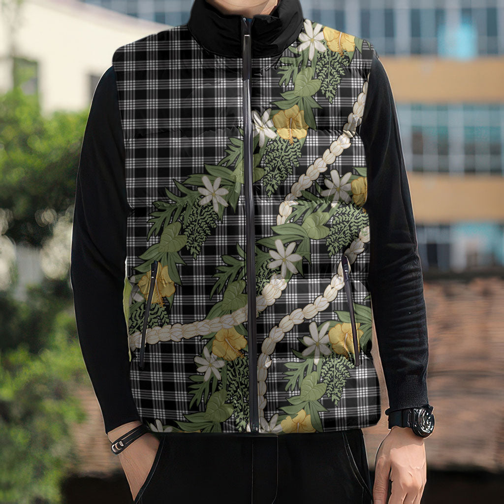 Aloha Puakenikeni Anthurium Pikake Lei Sleeveless Puffer Jacket Black Hawaiian Palaka Pattern