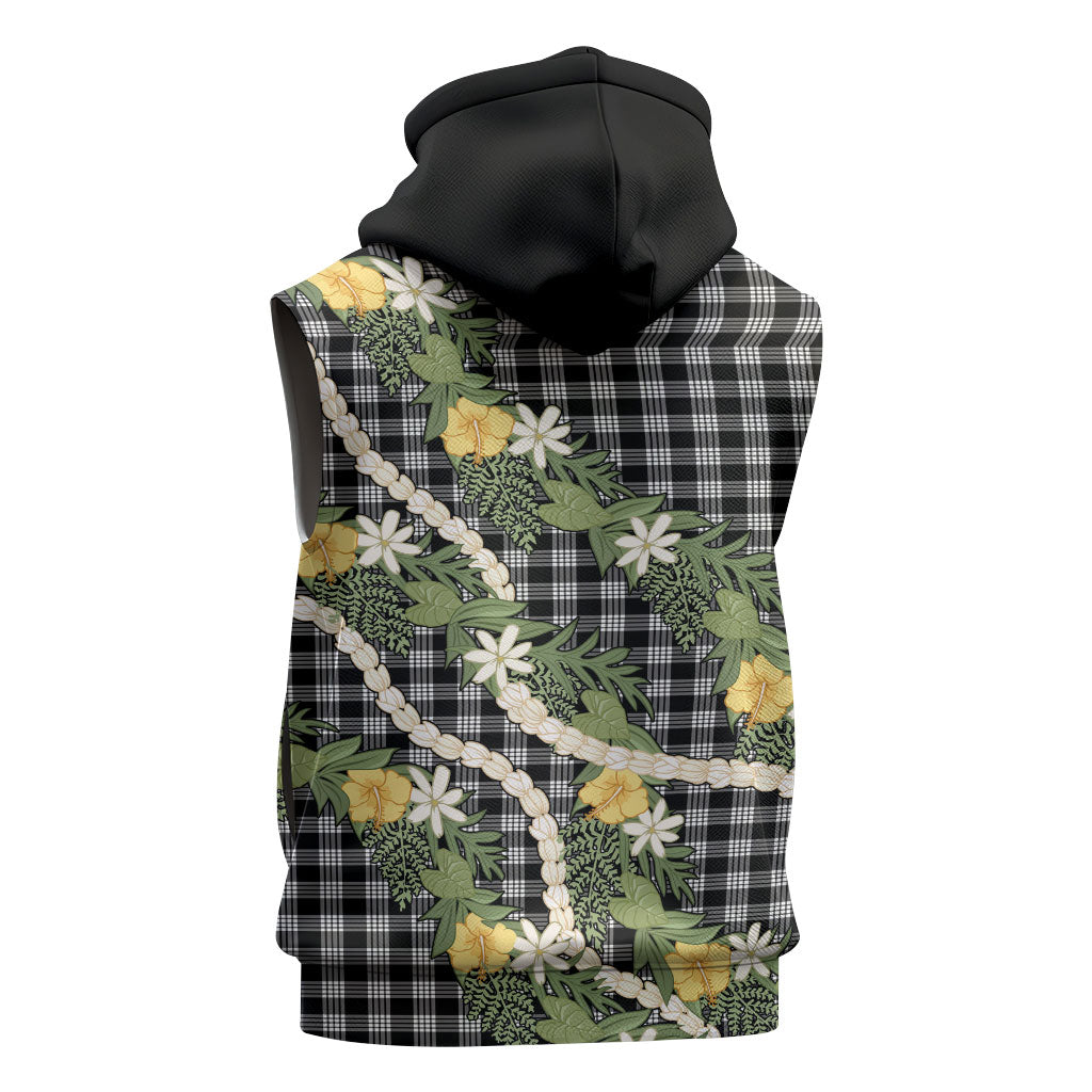 Aloha Puakenikeni Anthurium Pikake Lei Sleeveless Zip Hoodie Black Hawaiian Palaka Pattern LT9 - Polynesian Pride