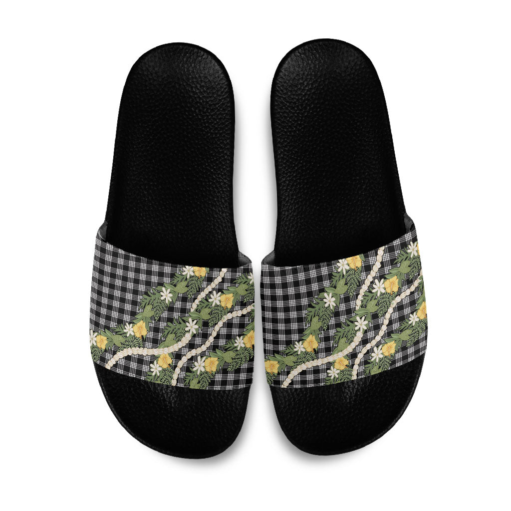 Aloha Puakenikeni Anthurium Pikake Lei Slide Sandals Black Hawaiian Palaka Pattern LT9 Black - Polynesian Pride