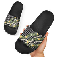 Aloha Puakenikeni Anthurium Pikake Lei Slide Sandals Black Hawaiian Palaka Pattern