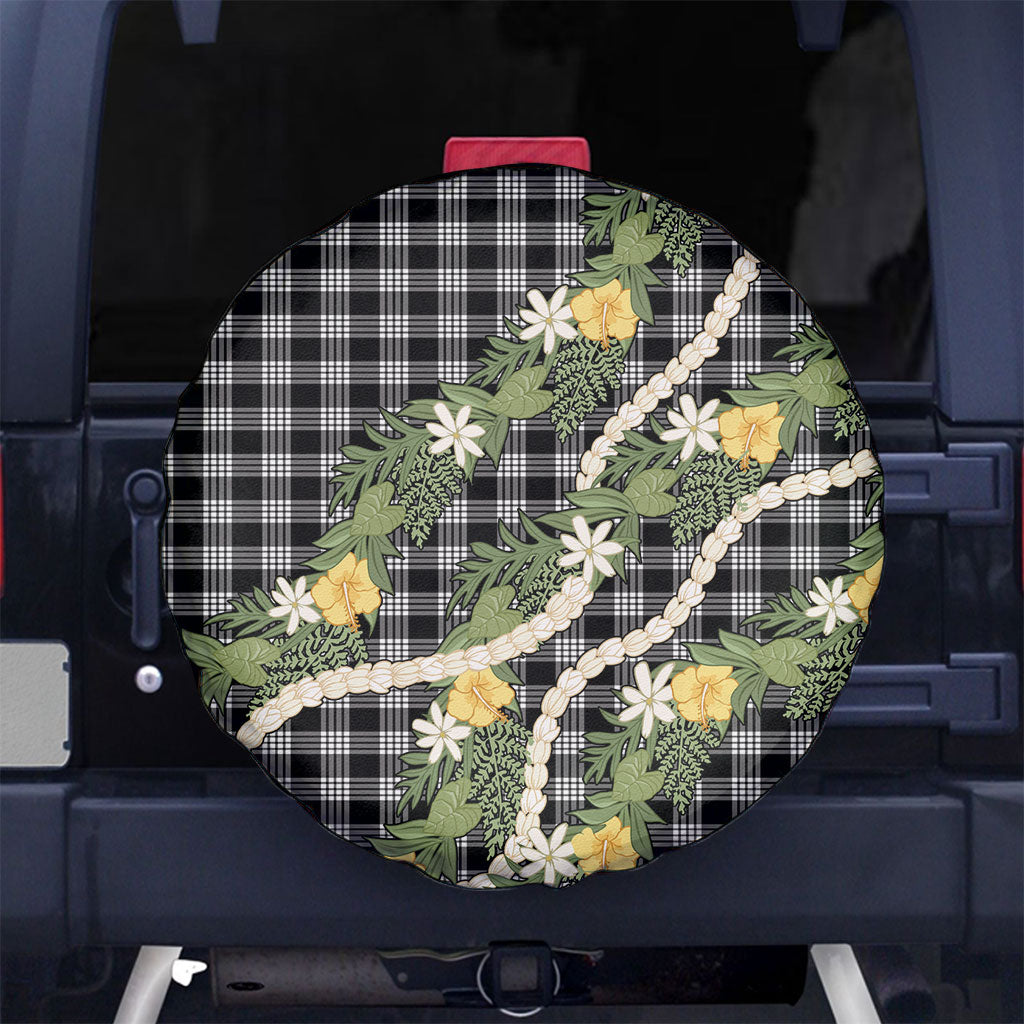 Aloha Puakenikeni Anthurium Pikake Lei Spare Tire Cover Black Hawaiian Palaka Pattern LT9 No hole Black - Polynesian Pride