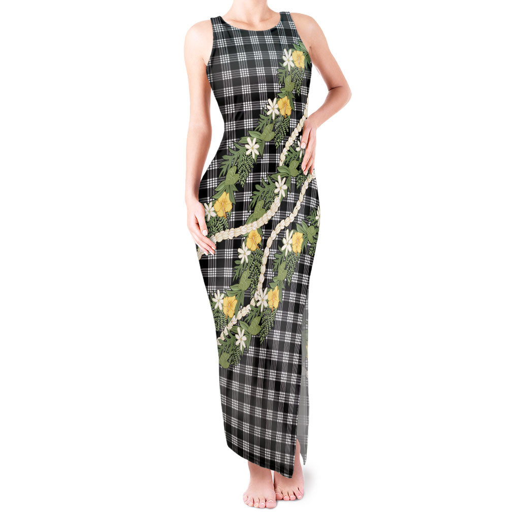 Aloha Puakenikeni Anthurium Pikake Lei Tank Maxi Dress Black Hawaiian Palaka Pattern