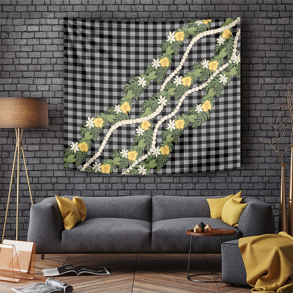 Aloha Puakenikeni Anthurium Pikake Lei Tapestry Black Hawaiian Palaka Pattern LT9 Black - Polynesian Pride