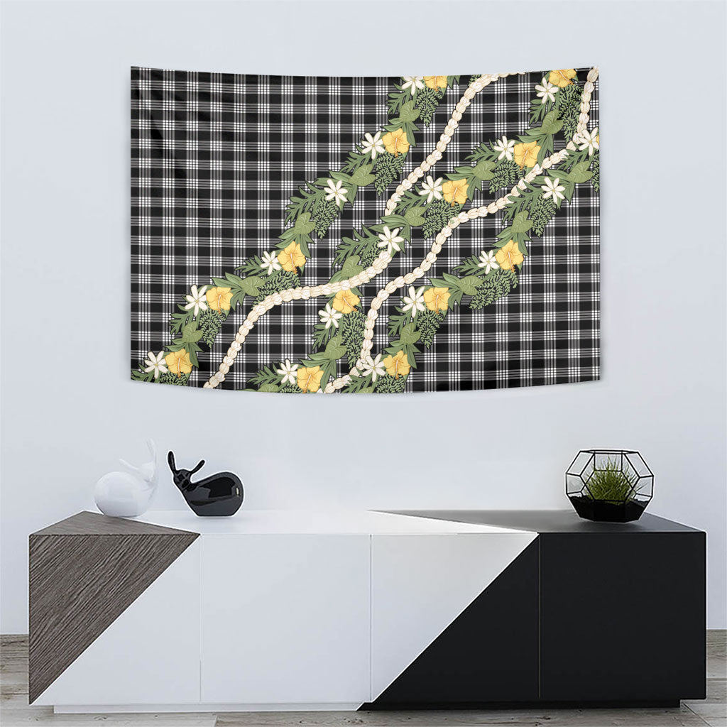 Aloha Puakenikeni Anthurium Pikake Lei Tapestry Black Hawaiian Palaka Pattern
