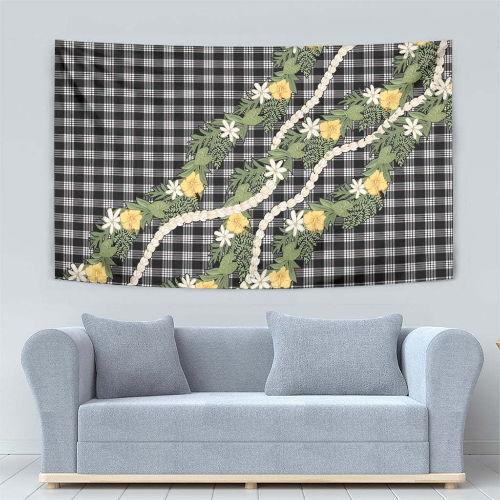 Aloha Puakenikeni Anthurium Pikake Lei Tapestry Black Hawaiian Palaka Pattern