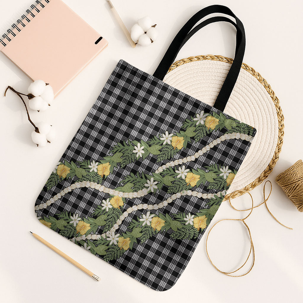 Aloha Puakenikeni Anthurium Pikake Lei Tote Bag Black Hawaiian Palaka Pattern LT9 Black Strap One Size Black - Polynesian Pride