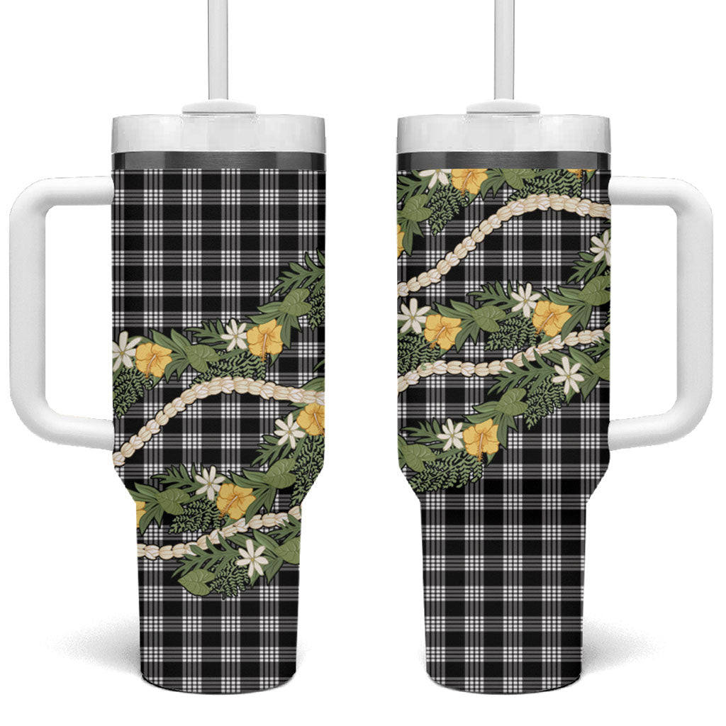 Aloha Puakenikeni Anthurium Pikake Lei Tumbler With Handle Black Hawaiian Palaka Pattern LT9 One Size: 40 oz Black - Polynesian Pride