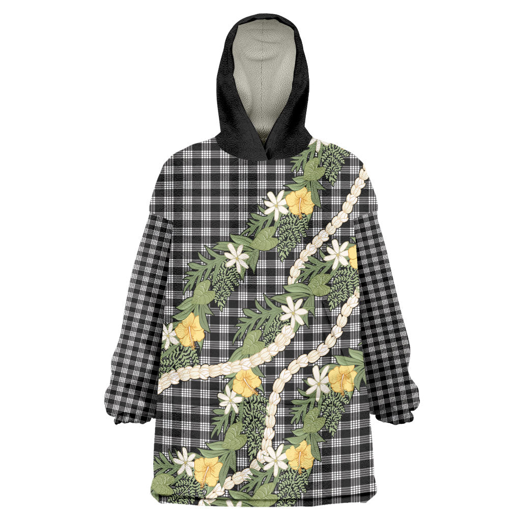 Aloha Puakenikeni Anthurium Pikake Lei Wearable Blanket Hoodie Black Hawaiian Palaka Pattern LT9 One Size Black - Polynesian Pride