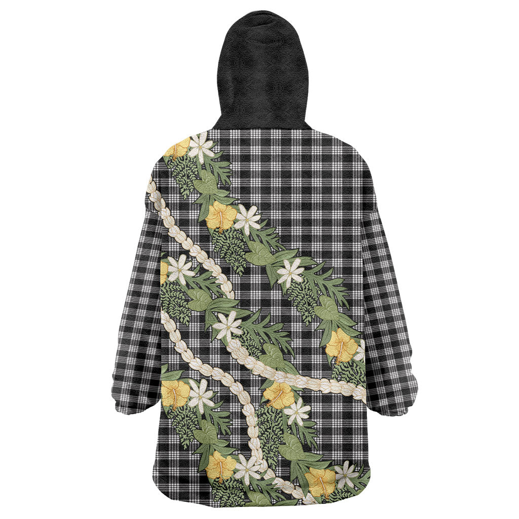 Aloha Puakenikeni Anthurium Pikake Lei Wearable Blanket Hoodie Black Hawaiian Palaka Pattern LT9 - Polynesian Pride