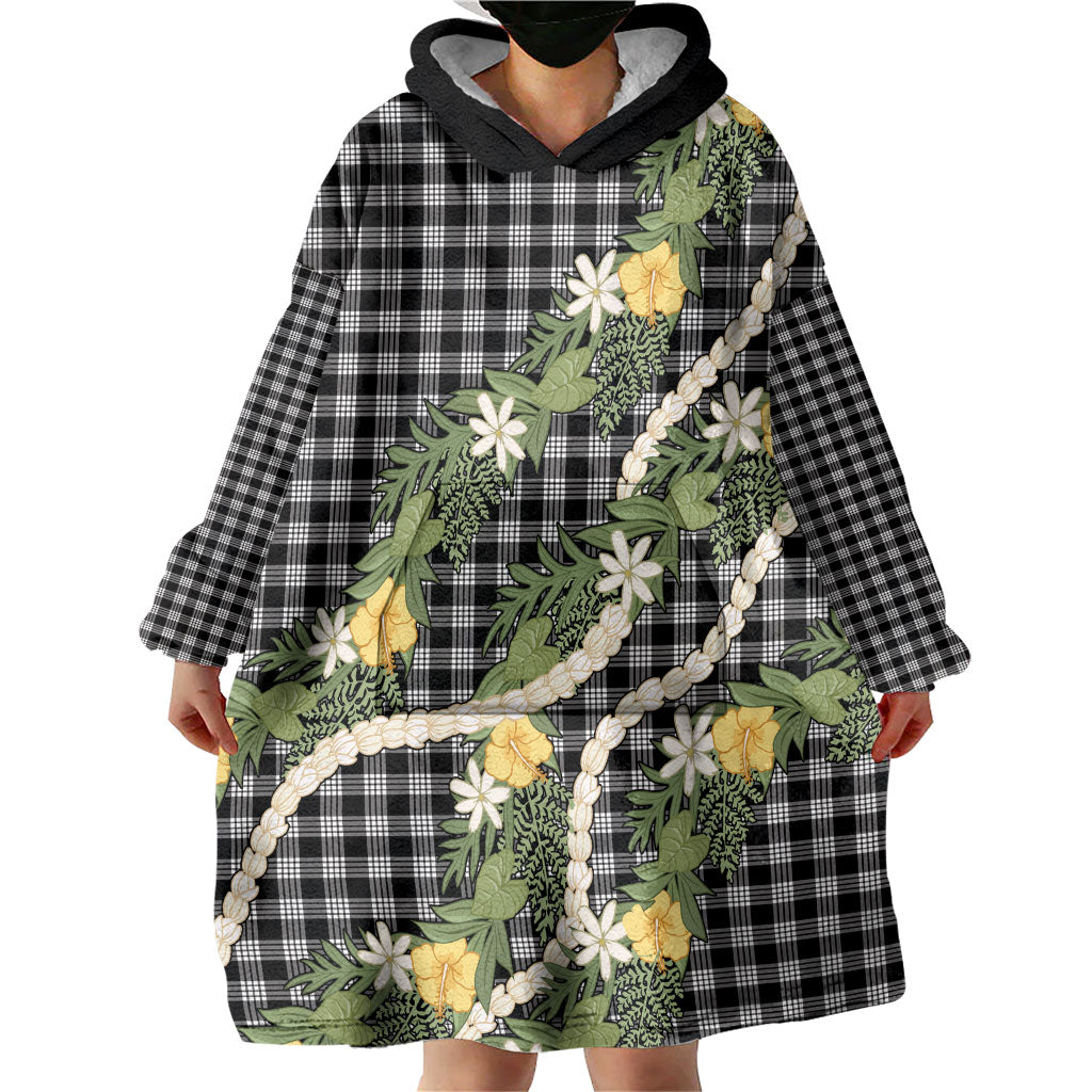 Aloha Puakenikeni Anthurium Pikake Lei Wearable Blanket Hoodie Black Hawaiian Palaka Pattern LT9 - Polynesian Pride