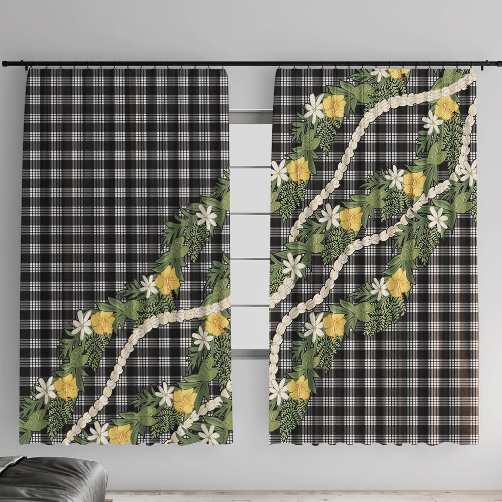 Aloha Puakenikeni Anthurium Pikake Lei Window Curtain Black Hawaiian Palaka Pattern LT9 With Hooks Black - Polynesian Pride