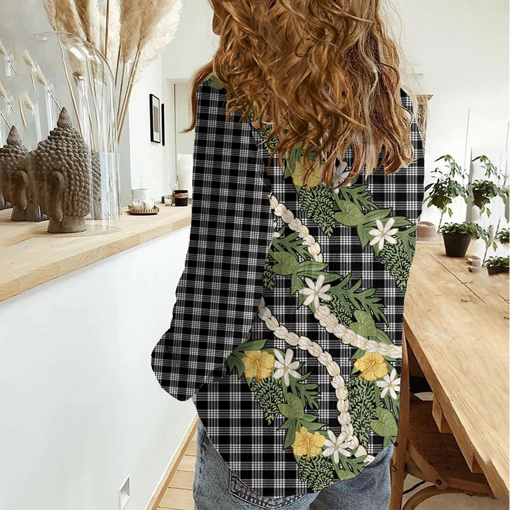 Aloha Puakenikeni Anthurium Pikake Lei Women Casual Shirt Black Hawaiian Palaka Pattern LT9 - Polynesian Pride