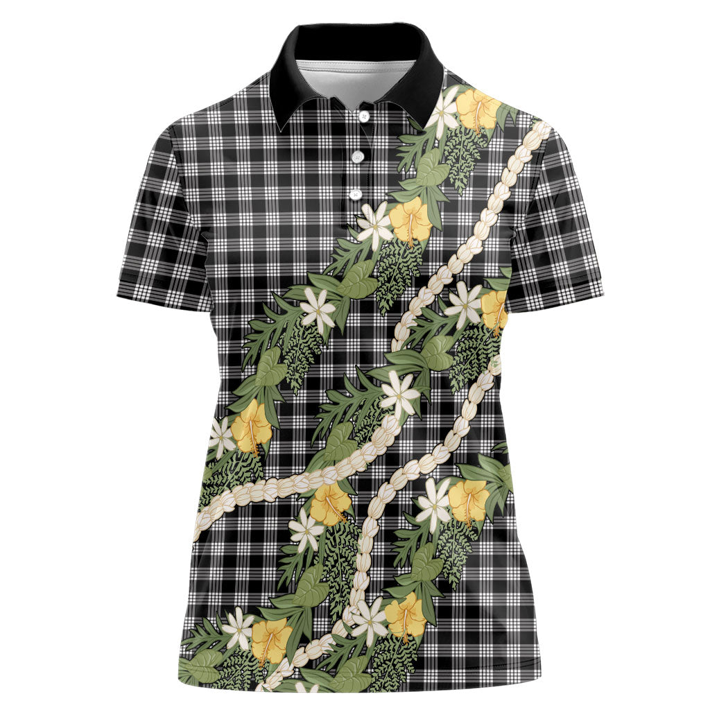 Aloha Puakenikeni Anthurium Pikake Lei Women Polo Shirt Black Hawaiian Palaka Pattern LT9 Female Black - Polynesian Pride