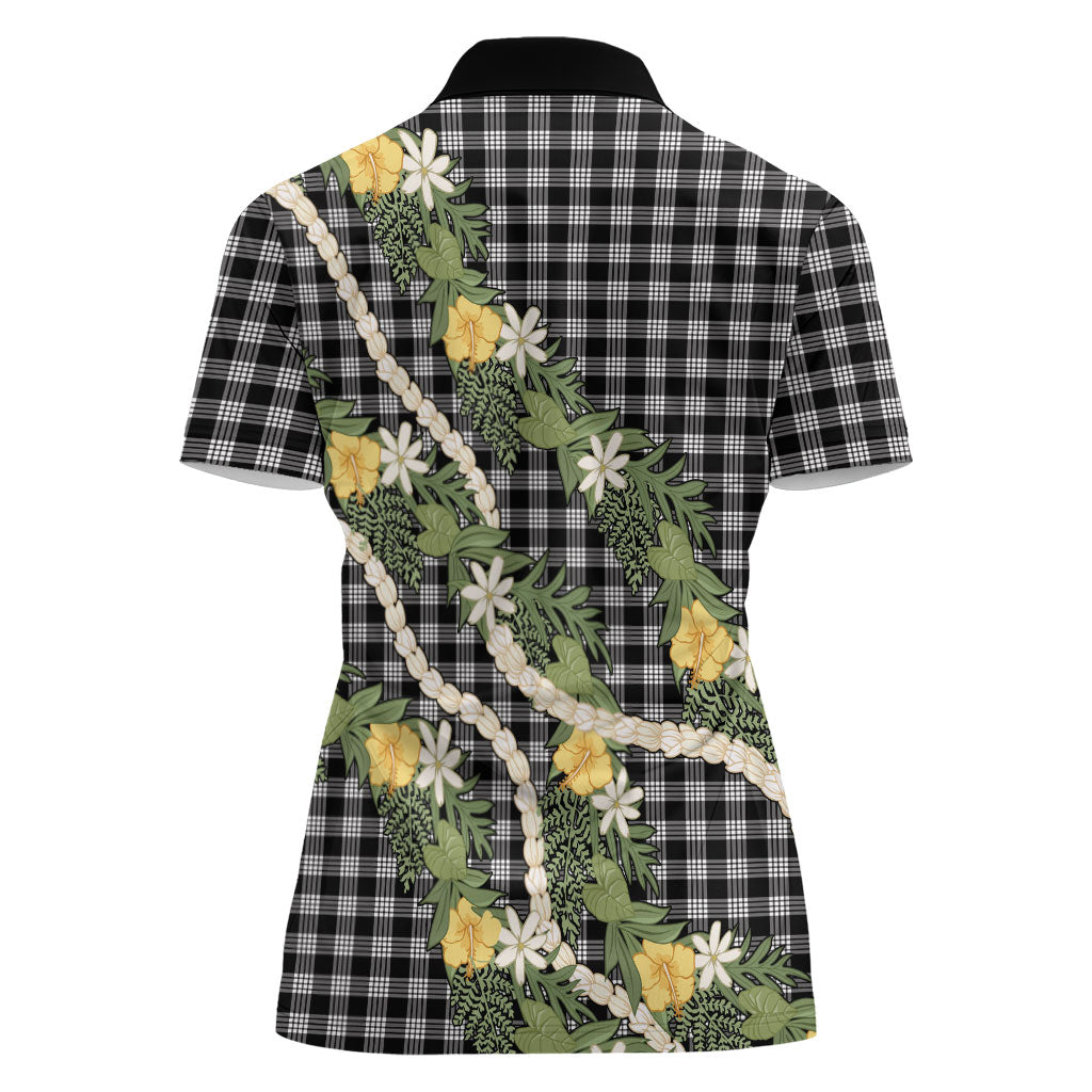Aloha Puakenikeni Anthurium Pikake Lei Women Polo Shirt Black Hawaiian Palaka Pattern LT9 - Polynesian Pride