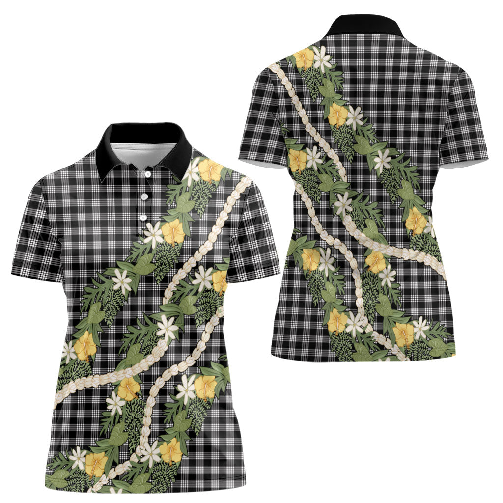 Aloha Puakenikeni Anthurium Pikake Lei Women Polo Shirt Black Hawaiian Palaka Pattern LT9 - Polynesian Pride