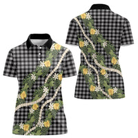 Aloha Puakenikeni Anthurium Pikake Lei Women Polo Shirt Black Hawaiian Palaka Pattern LT9 - Polynesian Pride
