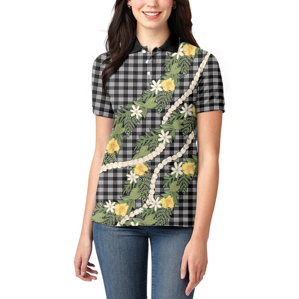 Aloha Puakenikeni Anthurium Pikake Lei Women Polo Shirt Black Hawaiian Palaka Pattern LT9 - Polynesian Pride
