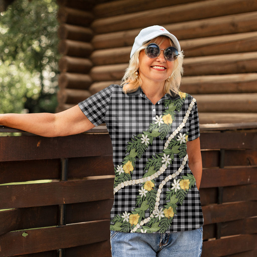 Aloha Puakenikeni Anthurium Pikake Lei Women Polo Shirt Black Hawaiian Palaka Pattern LT9 - Polynesian Pride