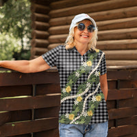 Aloha Puakenikeni Anthurium Pikake Lei Women Polo Shirt Black Hawaiian Palaka Pattern LT9 - Polynesian Pride