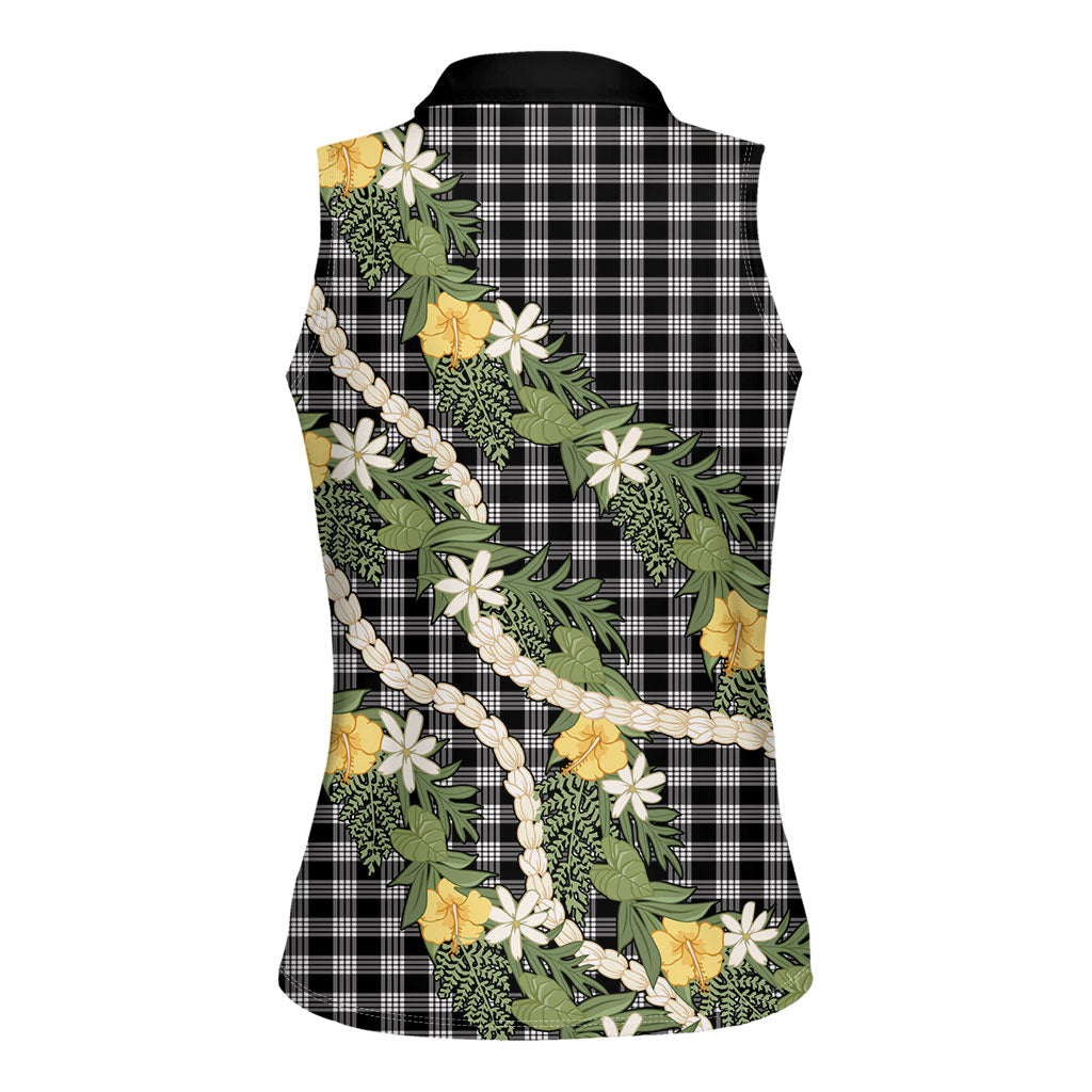 Aloha Puakenikeni Anthurium Pikake Lei Women Sleeveless Polo Shirt Black Hawaiian Palaka Pattern