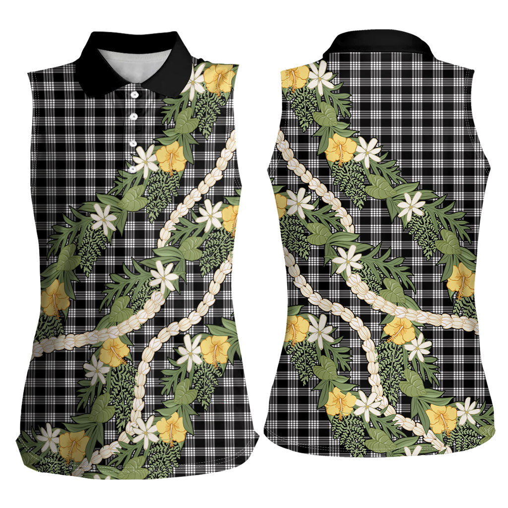 Aloha Puakenikeni Anthurium Pikake Lei Women Sleeveless Polo Shirt Black Hawaiian Palaka Pattern