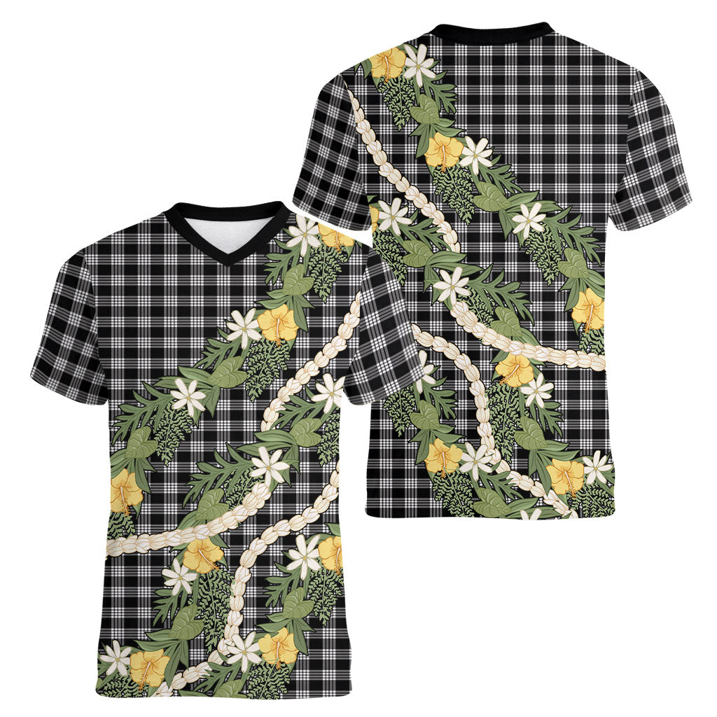 Aloha Puakenikeni Anthurium Pikake Lei Women V-Neck T-Shirt Black Hawaiian Palaka Pattern