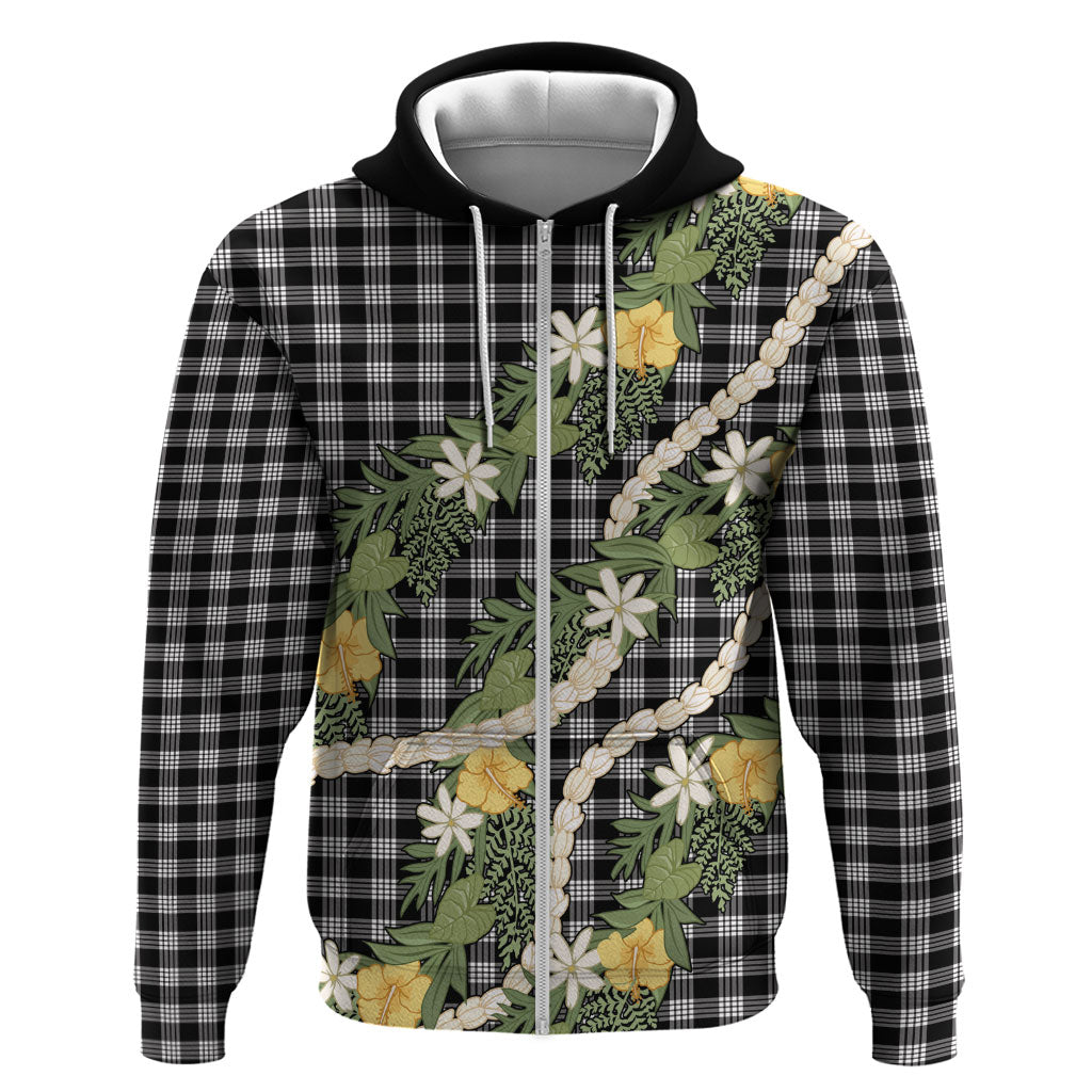 Aloha Puakenikeni Anthurium Pikake Lei Zip Hoodie Black Hawaiian Palaka Pattern LT9 Zip Hoodie Black - Polynesian Pride