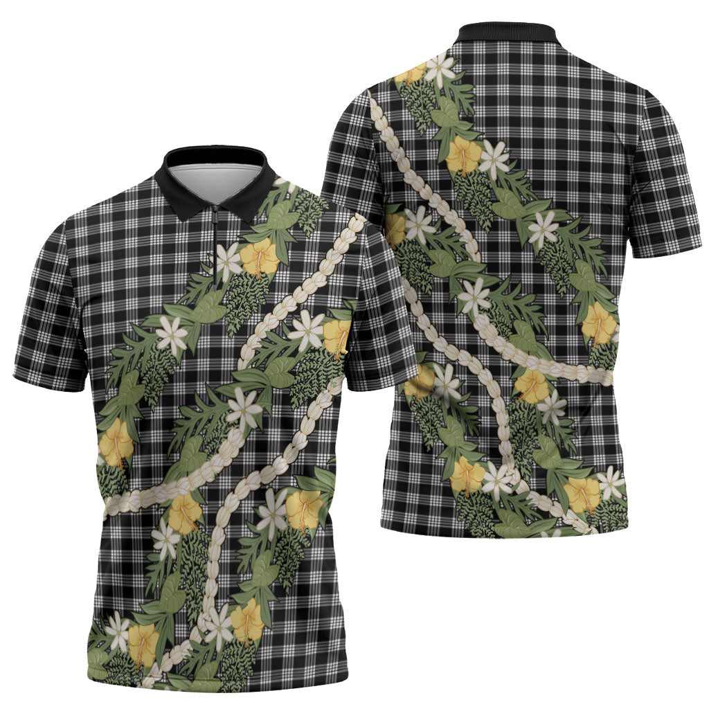 Aloha Puakenikeni Anthurium Pikake Lei Zipper Polo Shirt Black Hawaiian Palaka Pattern LT9 - Polynesian Pride