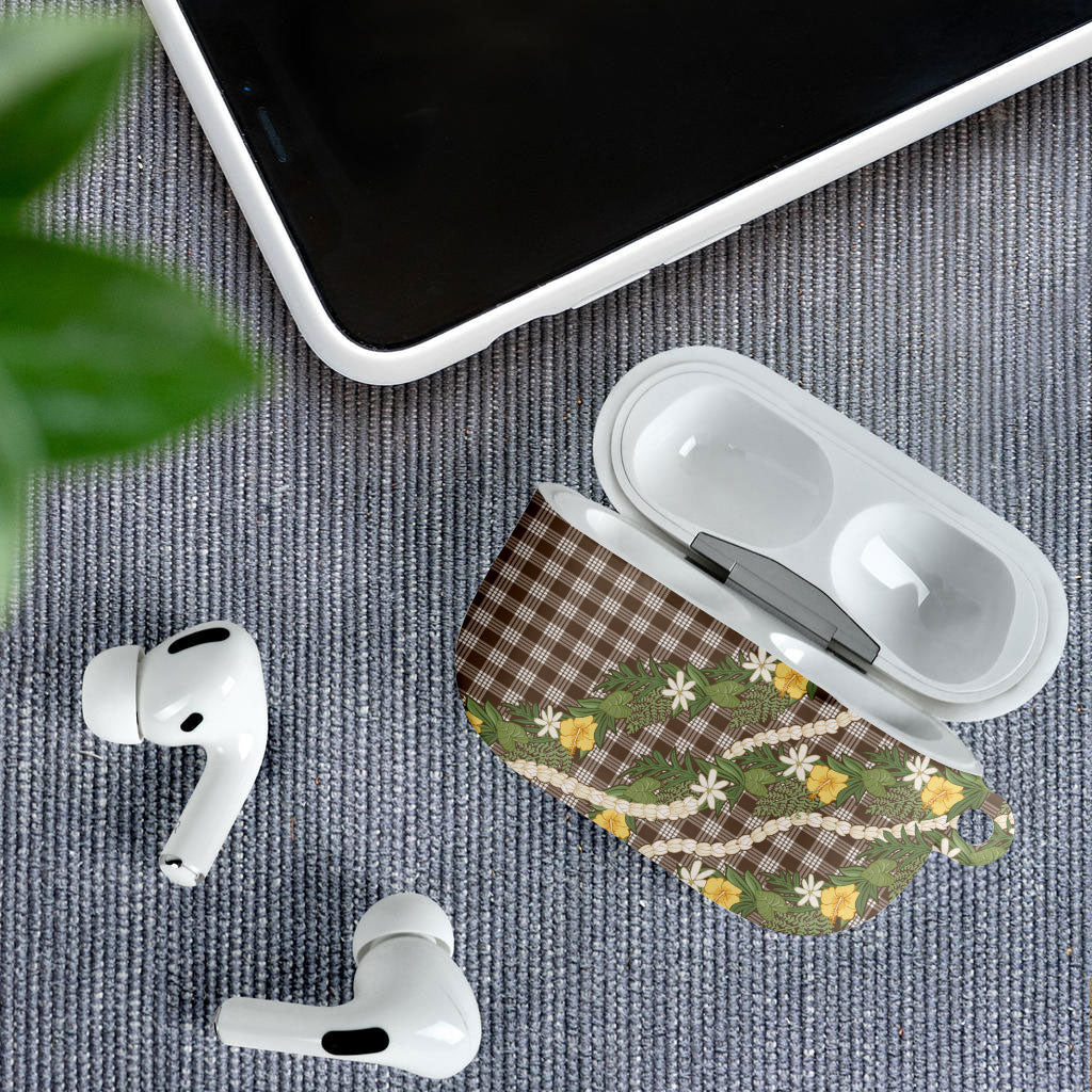 Aloha Puakenikeni Anthurium Pikake Lei AirPods Case Chocolate Hawaiian Palaka Pattern