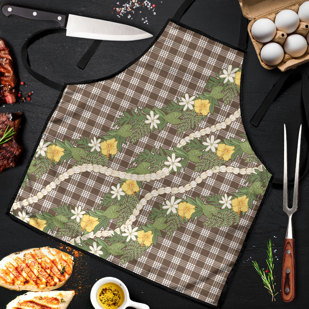 Aloha Puakenikeni Anthurium Pikake Lei Apron Chocolate Hawaiian Palaka Pattern