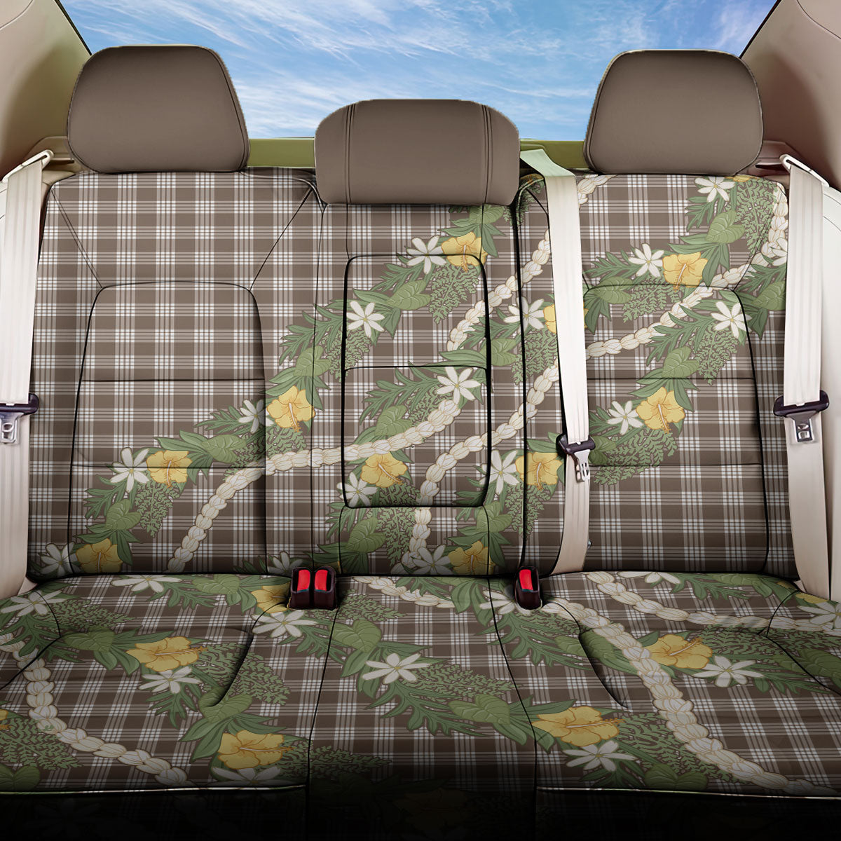 Aloha Puakenikeni Anthurium Pikake Lei Back Car Seat Cover Chocolate Hawaiian Palaka Pattern LT9 One Size Chocolate - Polynesian Pride
