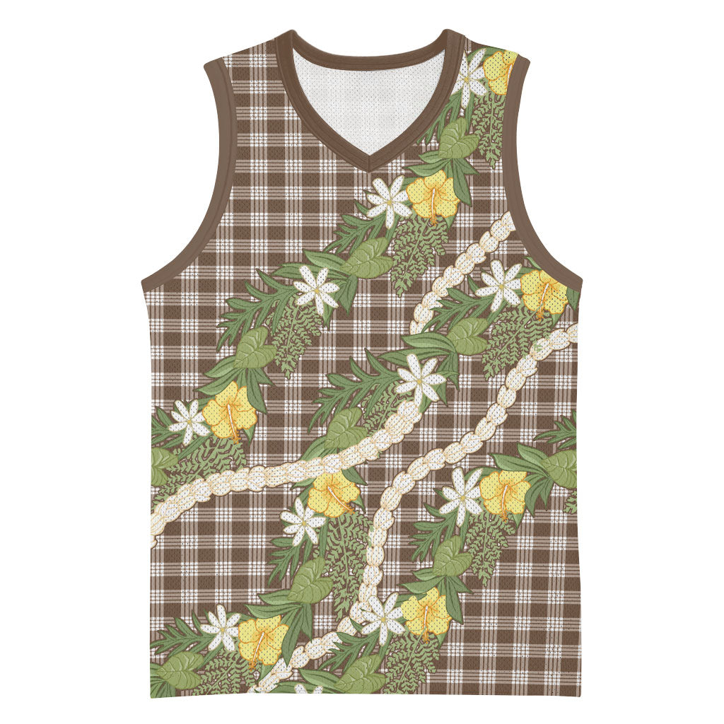 Aloha Puakenikeni Anthurium Pikake Lei Basketball Jersey Chocolate Hawaiian Palaka Pattern
