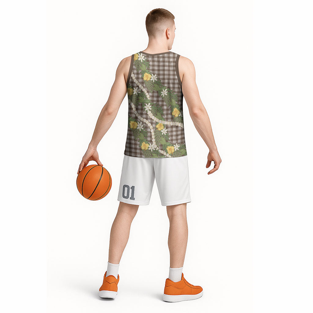 Aloha Puakenikeni Anthurium Pikake Lei Basketball Jersey Chocolate Hawaiian Palaka Pattern