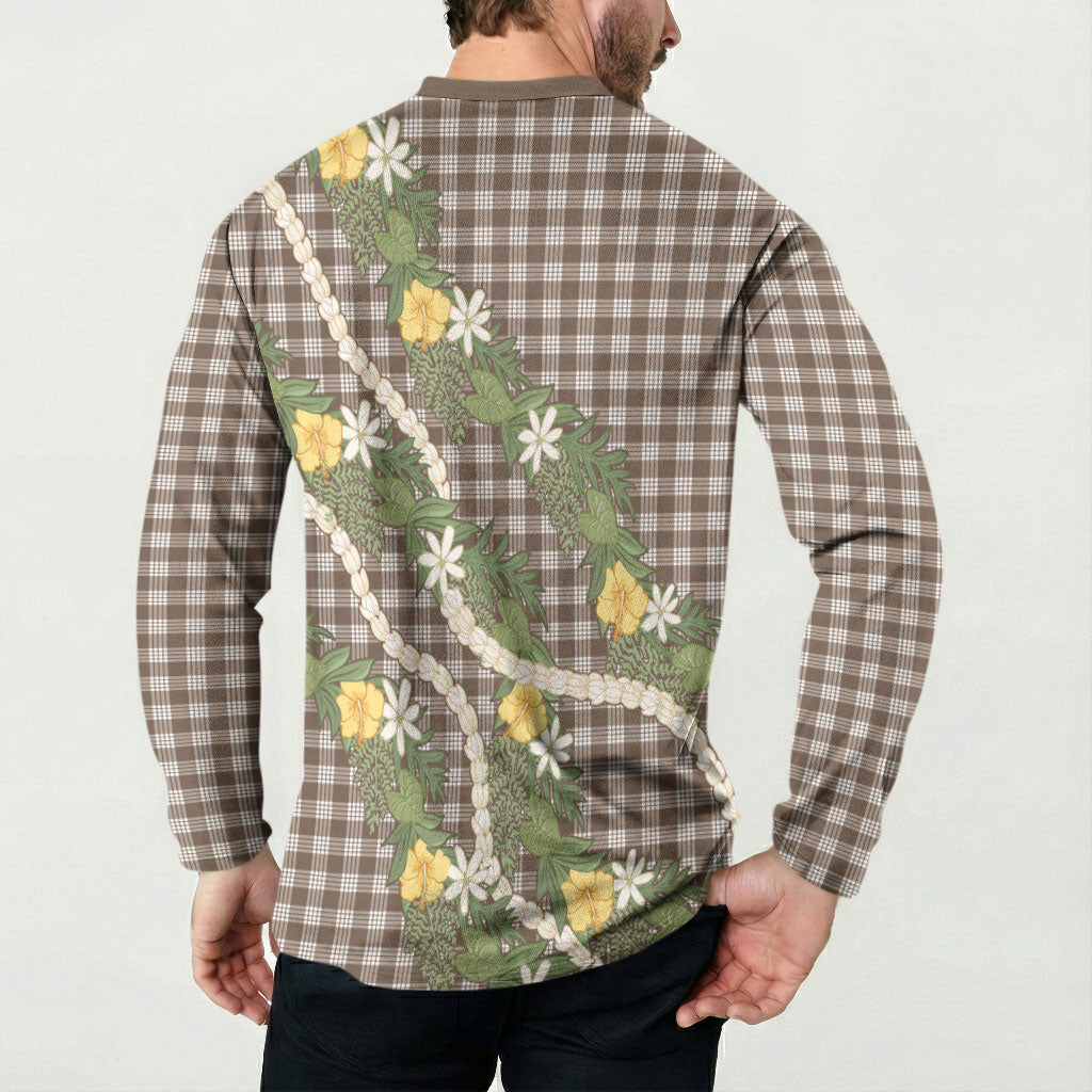 Aloha Puakenikeni Anthurium Pikake Lei Button Sweatshirt Chocolate Hawaiian Palaka Pattern