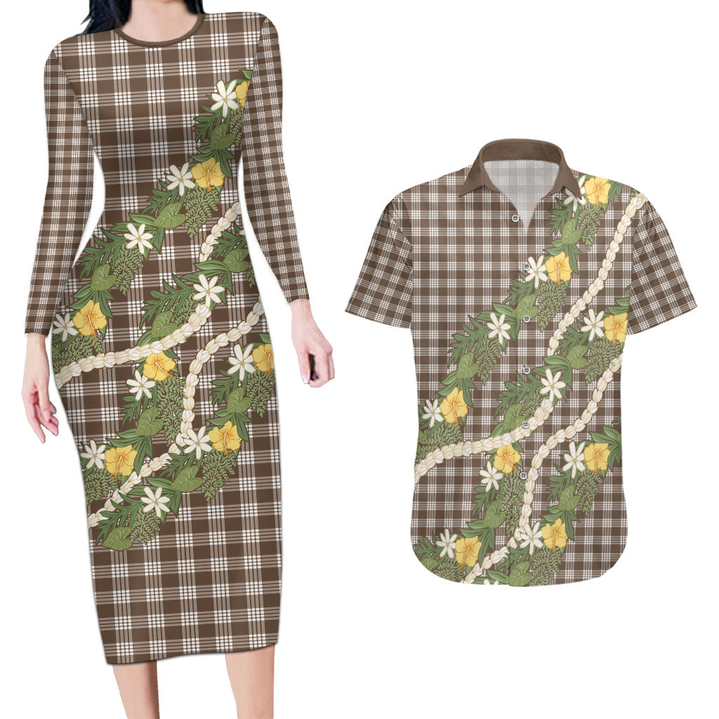 Aloha Puakenikeni Anthurium Pikake Lei Couples Matching Long Sleeve Bodycon Dress and Hawaiian Shirt Chocolate Hawaiian Palaka Pattern