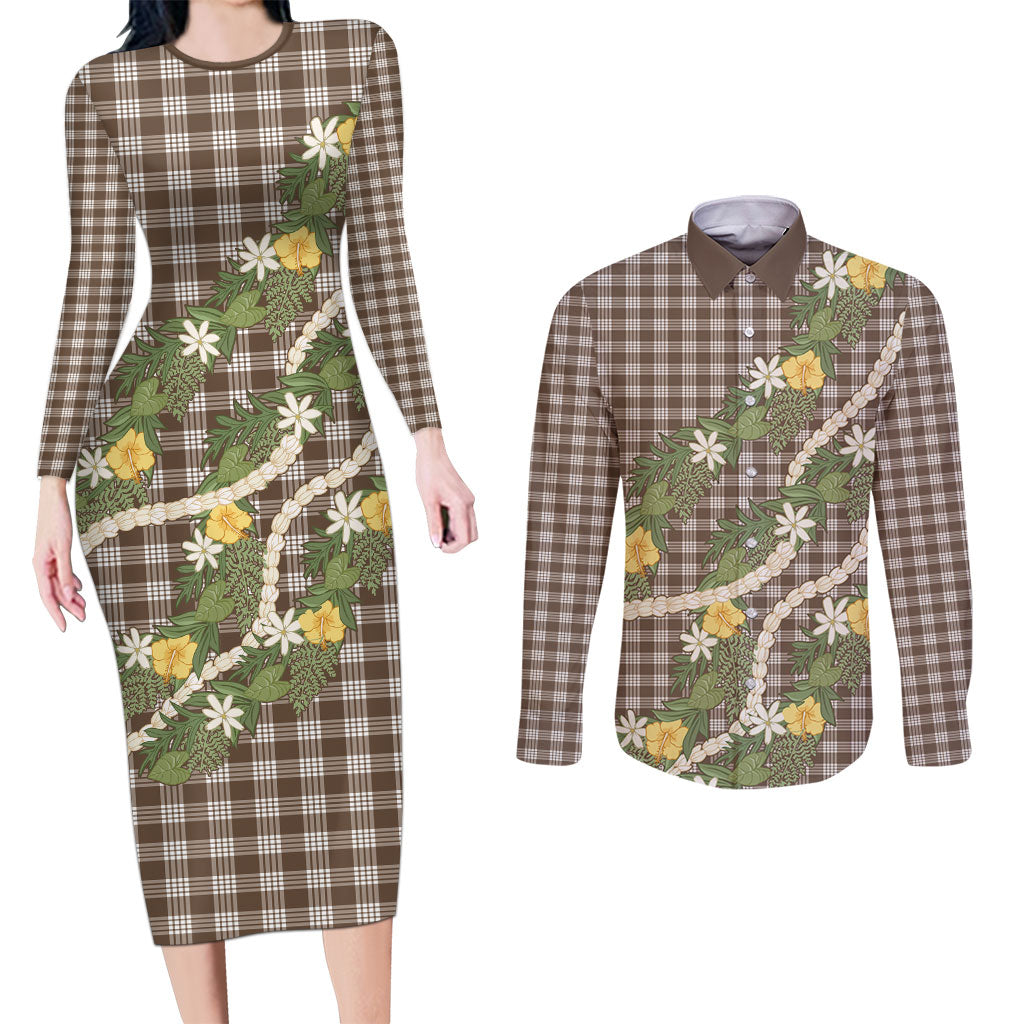 Aloha Puakenikeni Anthurium Pikake Lei Couples Matching Long Sleeve Bodycon Dress and Long Sleeve Button Shirt Chocolate Hawaiian Palaka Pattern