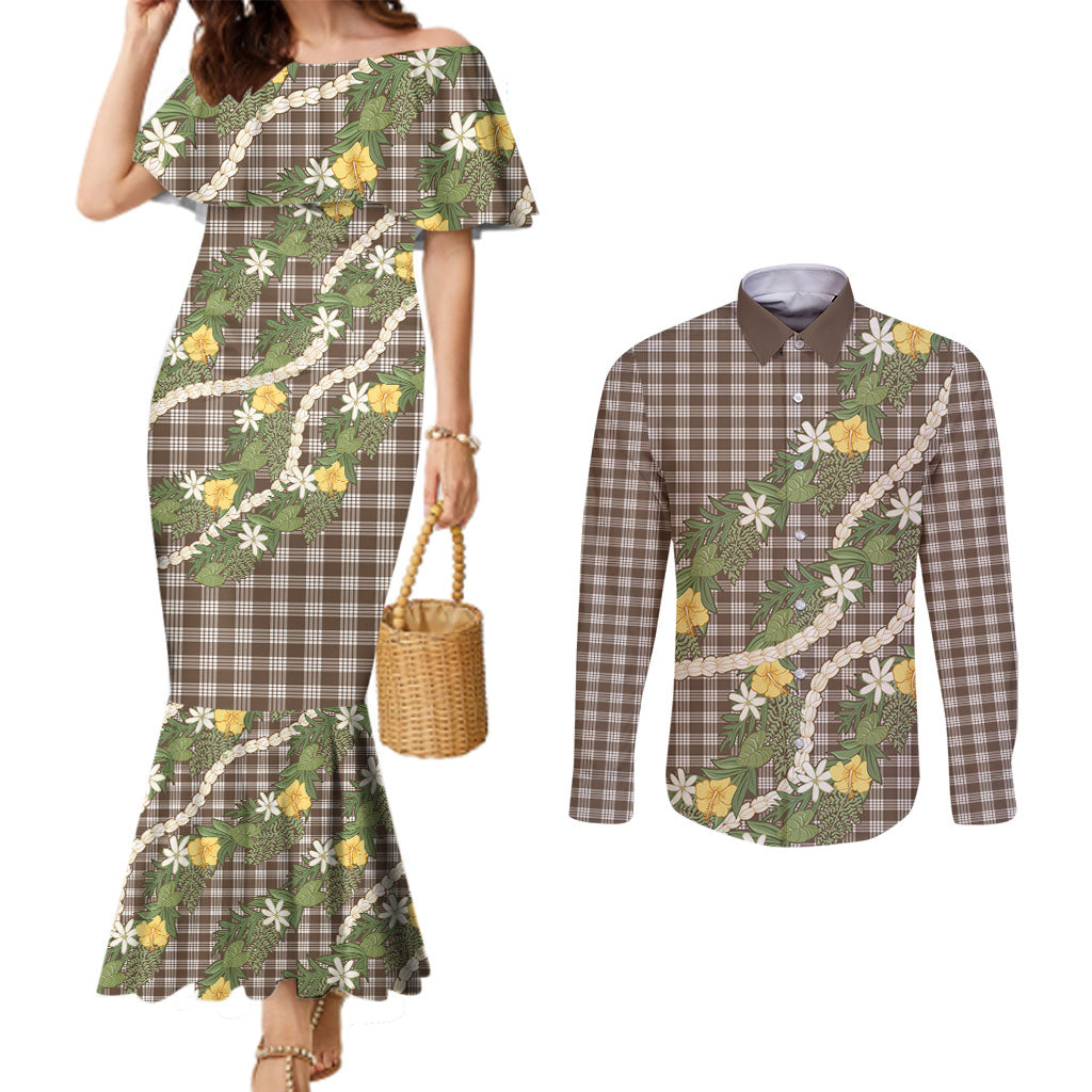 Aloha Puakenikeni Anthurium Pikake Lei Couples Matching Mermaid Dress and Long Sleeve Button Shirt Chocolate Hawaiian Palaka Pattern